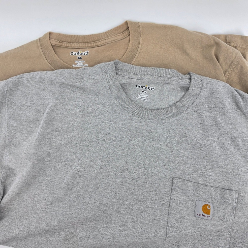 Lot of 2 Carhartt K87 Mens XL Heavyweight Pocket T-Shirts Heather Gray Tan Loose
